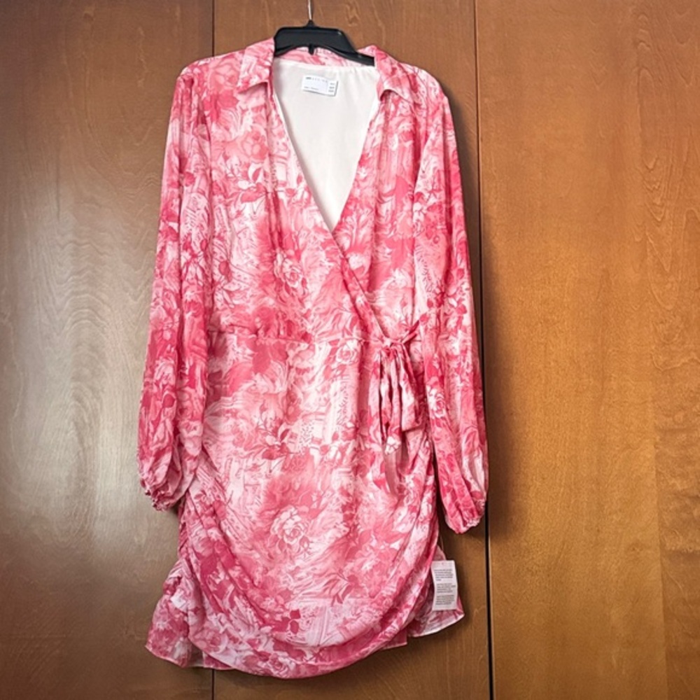 ASOS Design Floral Rose Pink Faux Wrap Dress, Blousy Sleeves Sz 18 NWT Nordstrom